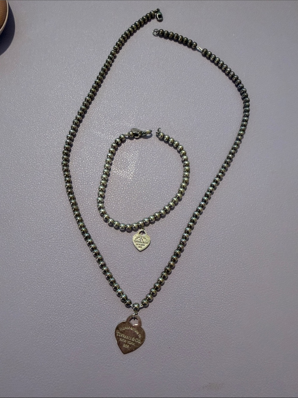 Tiffany & Co. Silver Hematite Bead Necklace &  Bracelet with Heart Charm